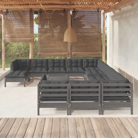 13 pcs conjunto lounge de jardim c/ almofadões pinho cinza