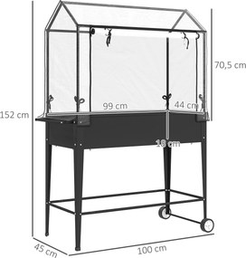 Floreira de horta sobre pés com cobertura de PVC, floreira elevada com rodas e orifício de drenagem, 100 x 45 x 152 cm, preto