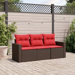 vidaXL 3 pcs conjunto sofás de jardim com almofadões vime PE castanho