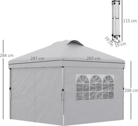 Tenda pop-up dobrável  3 x 3, altura ajustável, paredes laterais, aberturas de ventilação, janelas, saco de transporte com Rodas cinzento claro