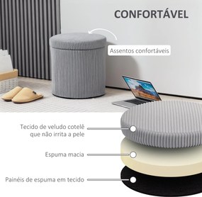 Pufe de Arrumação Baú de Arrumação Redondo Estofado em Veludo Cotelê  Tampa Removível Ø40x41 cm Cinza Claro