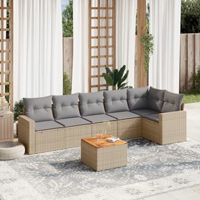 7 pcs conj. sofás jardim c/ almofadões vime PE bege misturado