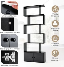 Estante em forma de S com 6 níveis e portas 70 cm x 23 cm x 183 cm Design moderno e versátil para organizar e decorar a sala, o quarto ou o escritório