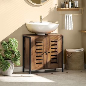 Móvel Casa de Banho para Lavatório Pousar (NÃO INCLUIDO) 60x30x60 cm com 2 Portas de Ripas com Fecho Magnético para Lavatórios sem Pedestal Castanho R