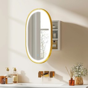 Armário de Casa de Banho com Espelho e Luzes LED de 3 Cores Armário de Parede Oval com Memória e Função Antivapor Dourado