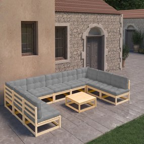 10 pcs conjunto lounge de jardim c/ almofadões pinho maciço
