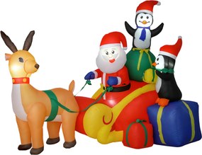 Pai Natal Insuflável com Trenó Pinguins e Renas Insufláveis de Natal com Luzes LED Decoração de Natal 180x120x155 cm Multicor