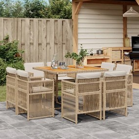 vidaXL 9 pcs conjunto de jantar p/ jardim com almofadões vime PE bege