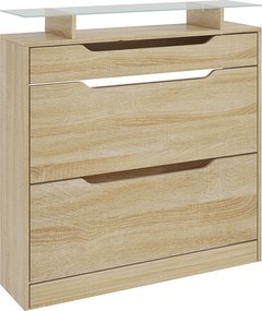 Sapateira 89 x 23 x 96 cm com 2 gavetas rebatíveis + 1 gaveta deslizante + 1 balcão e 1 prateleira de vidro ajustável cor carvalho