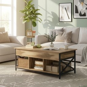 Mesa de centro com espaço de arrumação aberto e oculto 60 x 120 x (48-62) castanho camelo-preto