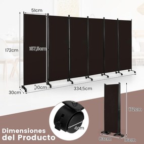 Biombo Divisória dobrável de 6 painéis com rodas bloqueáveis Divisória para sala de estar e quarto 334,5 x 30 x 172 cm Castanho