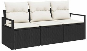 Conjunto de Sofá de Jardim 3 Peças com Almofadas Pretas em Rattan Sint