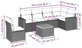 7 pcs conjunto sofás p/ jardim c/ almofadões vime PE cinzento