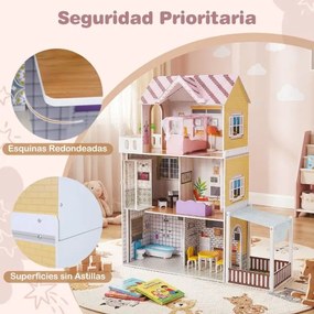 Casa de bonecas de madeira 102 x 34 x 120,5 cm com 3 andares para crianças a partir de 3 anos, com varanda, jardim, 16 acessórios, móveis, rosa
