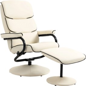 Poltrona relax com pufe e encosto reclinável, giratória a 360°, assento almofadado confortável, cor creme