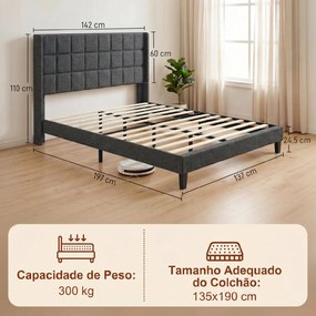 Cama de Casal 135x190 cm com Cabeceira Estofada com Laterais e Arrumação Inferior, Cinzento