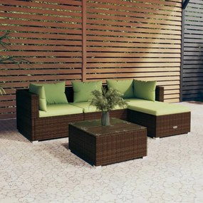 vidaXL 5 pcs conjunto lounge jardim c/ almofadões vime PE castanho