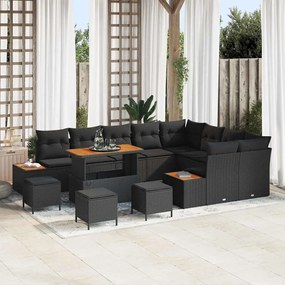 vidaXL Conjunto de Sofá de Jardim com 13 Peças e Almofadas Pretas de Rattan e Poliéster de Acácia
