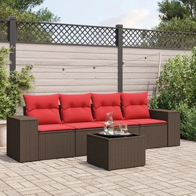 vidaXL 5 pcs conjunto sofás p/ jardim c/ almofadões vime PE castanho