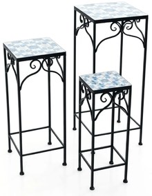 Conjunto de 3 suportes para plantas de metal pintados para vasos de flores com azulejos de mosaico para casa e varanda azul