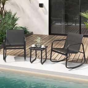 Conjunto jardim bistrô com 2 cadeiras de baloiço mesa com tampo de vidro para jardim exterior e varanda Preto