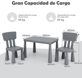 Conjunto com mesa e 2 cadeiras para crianças para comer, desenhar ou estudar 76,5 x 54,5 x 49,5 cm Cinza