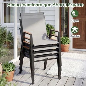 Conjunto de 2 cadeiras de jardim empilháveis, com encosto alto e braços, ergonómicas, em metal e tecido respirável, para terraço ou pátio, cinza