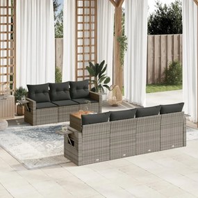 8 pcs conjunto sofás de jardim c/ almofadões vime PE cinzento
