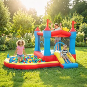 Castelo insuflável com compressor 342 C x 255 L x 209 A cm, parque infantil insuflável com escorregas, trampolim, piscina de bolas, multicolorido