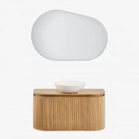 Conjunto De Móvel De Casa De Banho Em Madeira De Manga Analis Madeira Natural & Cimento Redondo Branco Ø40 Cm Zavion & Oval Led - Sklum