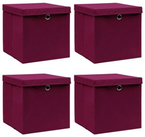 288342 vidaXL Caixas arrumação c/ tampas 4pcs 32x32x32cm tecido vermelho esc.