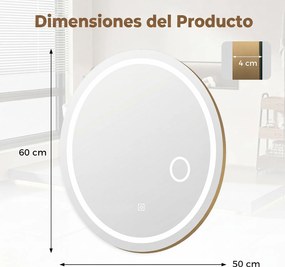 Espelho Oval de Banho, 60 x 50 x 4 cm, Iluminação LED Regulável, Cinzento prateado