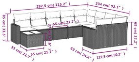 10 pcs conj. sofás jardim com almofadões vime PE cinzento-claro