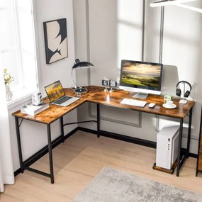 Secretária em forma de L com tomada eléctrica Suporte para CPU de 168 cm e estrutura metálica robusta para o escritório Castanho