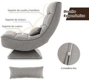 Poltrona de Chão Ajustável em 4 Posições Acolchoada com Base Giratória Almofada Lombar sem Montagem Cinzento