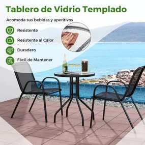 Conjunto móveis de Jardim 3 peças 2 cadeiras empilháveis 1 mesa de apoio Vidro temperado Tecido respirável Jardim Varanda Terraço Pátio Preto