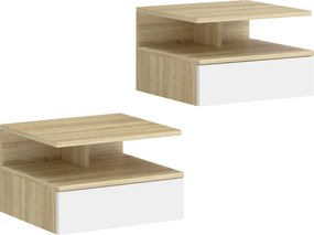 HOMCOM Conjunto de 2 Mesas de Cabeceira Suspensas com Gaveta Fixação na Parede 35x32x22,5 cm Carvalho e Branco | Aosom Portugal