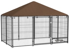 PawHut Parque para Cães com Toldo com Suporte Giratório para Comida 2 Tigelas Incluídas 211x141x151 cm Preto e Marrom