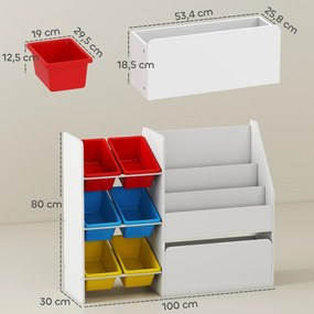Móvel de Arrumação para Brinquedos, 100 x 30 x 80 cm, 6 Caixas e Baú com Rodas, Multicolor