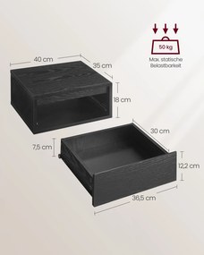 Conjunto de 2 mesas de cabeçeira com luz LED suspensas de parede em 35 x 40 x 18 cm preto