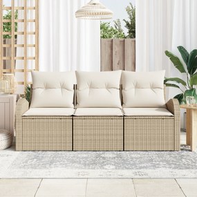 Conjunto de Sofá de Jardim de 3 Peças com Almofadas Bege Poly Rattan