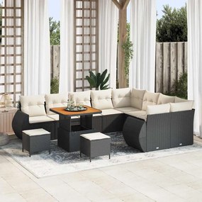 vidaXL Conjunto de Sofá de Jardim com 12 Peças e Almofadas em Rattan Poliéster Preto e Acácia