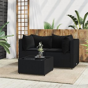 vidaXL 3 pcs conjunto lounge de jardim c/ almofadões vime PE preto