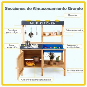Cozinha de brincar em madeira 80 x 40 x 94 cm com lava-loiça, acessórios, 2 prateleiras e ganchos para crianças dos 3 aos 8 anos, natural