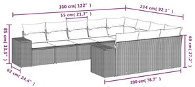 10 pcs conj. sofás jardim com almofadões vime PE cinzento-claro