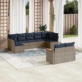 vidaXL 9 pcs conjunto sofás p/ jardim c/ almofadões vime PE cinzento