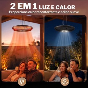 Aquecedor Elétrico Suspenso para Exterior 1000/2000 W com Luz LED IP65 Controlo Tátil/Comando Preto
