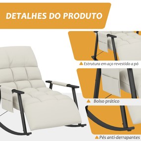 Cadeira Baloiço com Encosto e Apoio para os Pés Ajustáveis e Estofada em Microfibra com Bolso para Sala 60x134x70 cm Creme