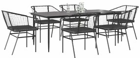 Conjunto de jantar jardim 7 peças almofadas vidro vime PE preto