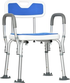 Banco de duche ergonómico com altura ajustável e pés antiderrapantes, 56,5 x 53,5 x 87 cm, branco e azul
